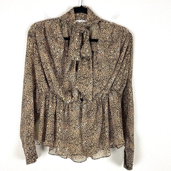 Zara Womens Small Leopard Animal Print Scarf Neck Blouse Long Sleeve Shirt Top - Picture 1 of 10